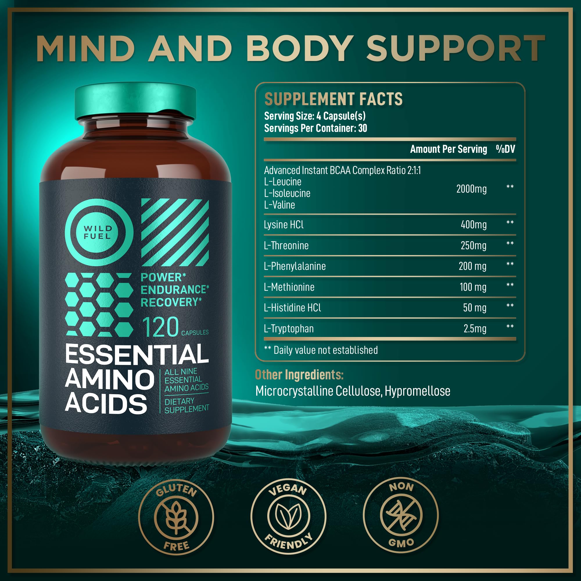 WILD FUEL Essential Amino Acids bottle on shelf signals keto-friendly, vegan formula.
