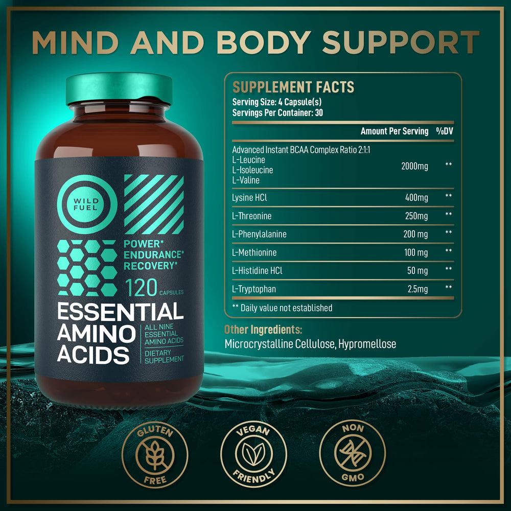 WILD FUEL Essential Amino Acids bottle on shelf signals keto-friendly, vegan formula.