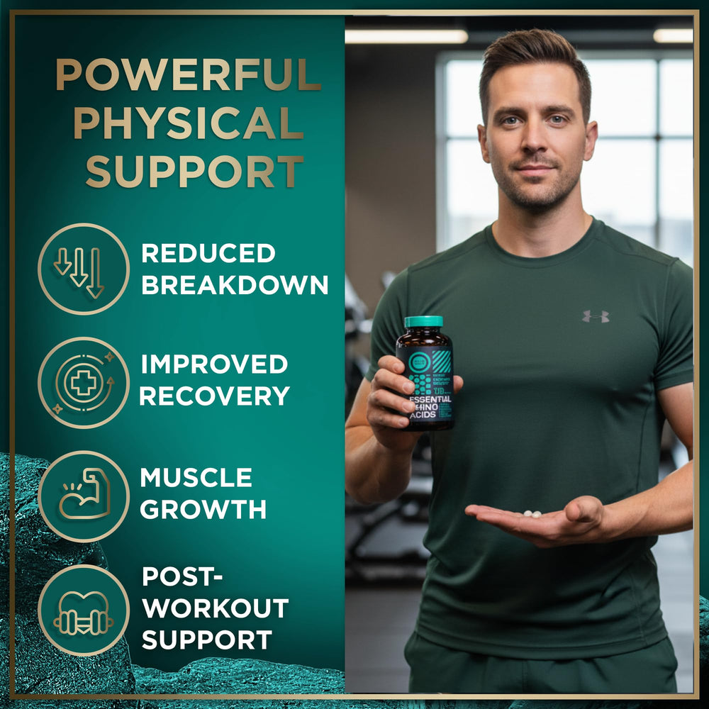 WILD FUEL Essential Amino Acids capsules in hand illustrate vegan, caffeine-free support.
