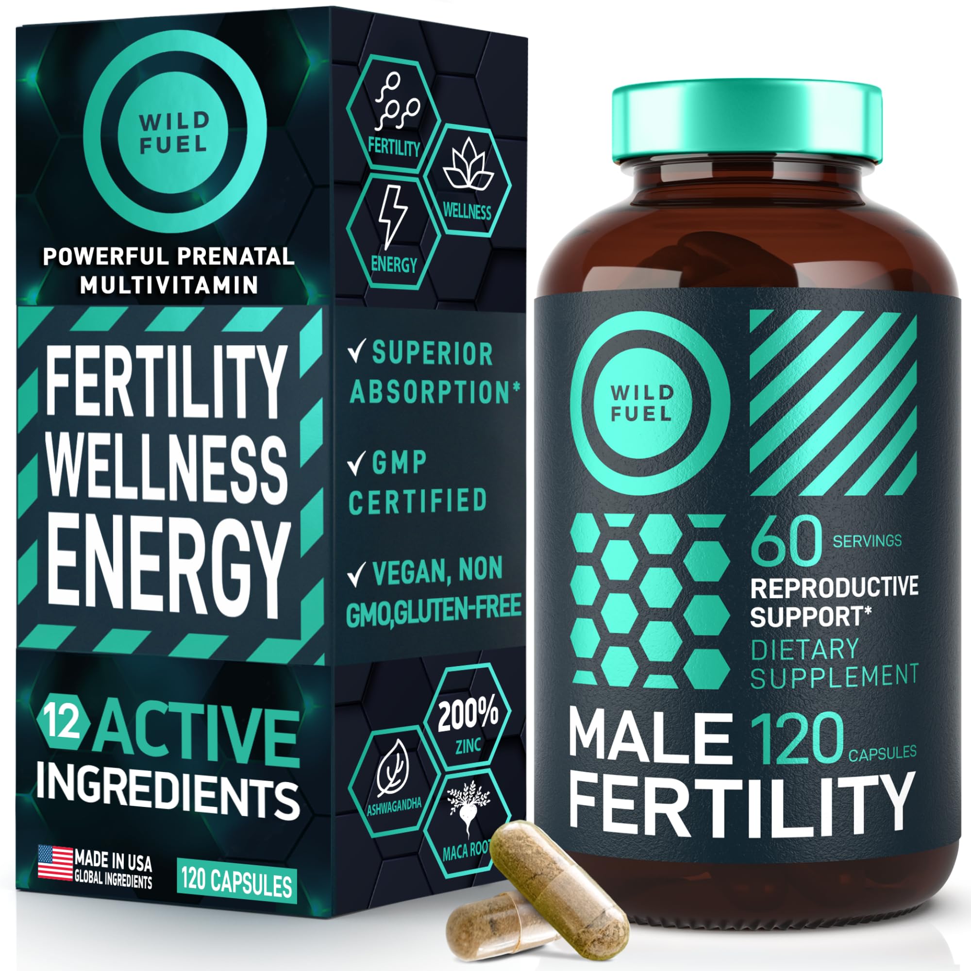 Wild Fuel Fertility mens prenatal bottle showing a complete vitamin blend for vitality
