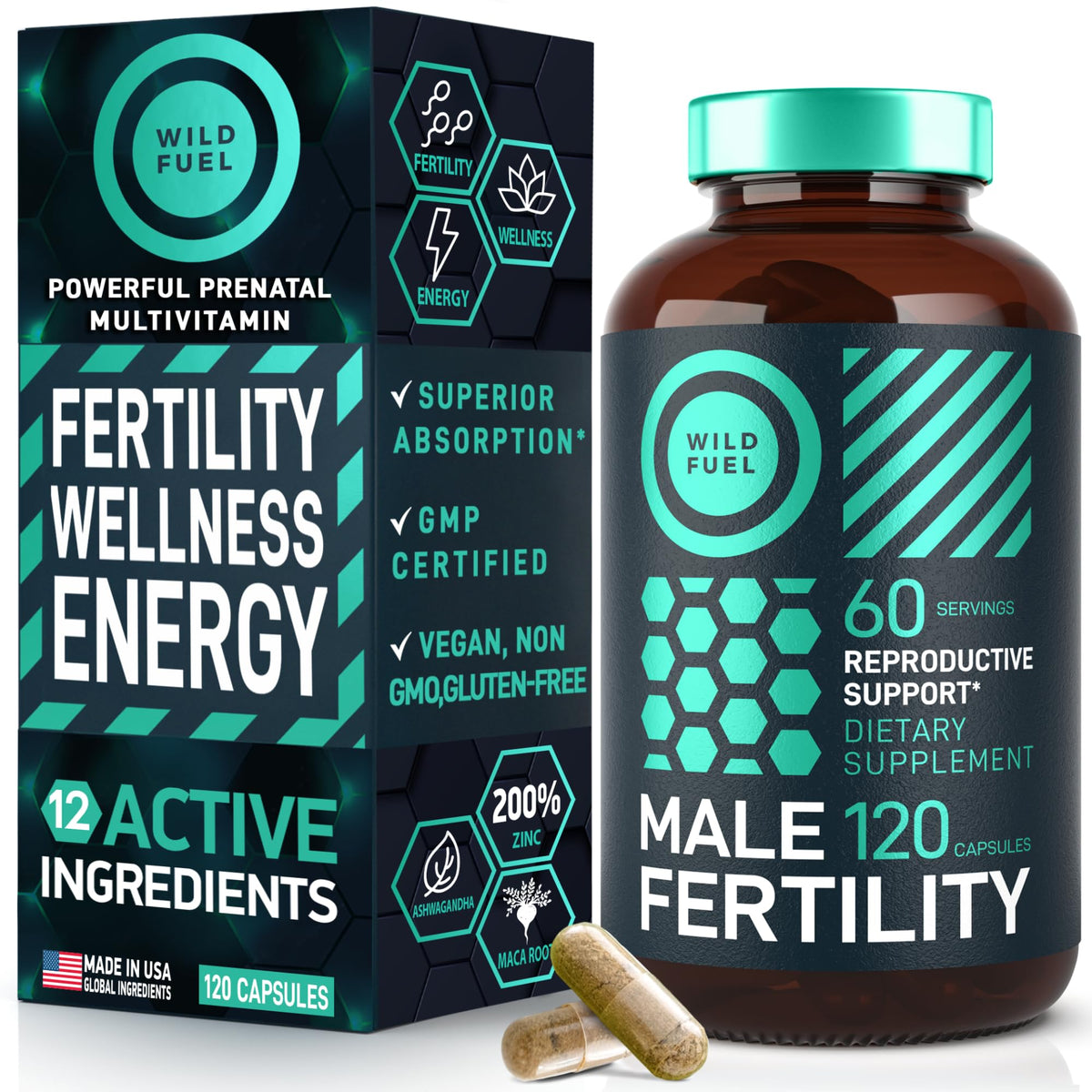 Wild Fuel Fertility mens prenatal bottle showing a complete vitamin blend for vitality