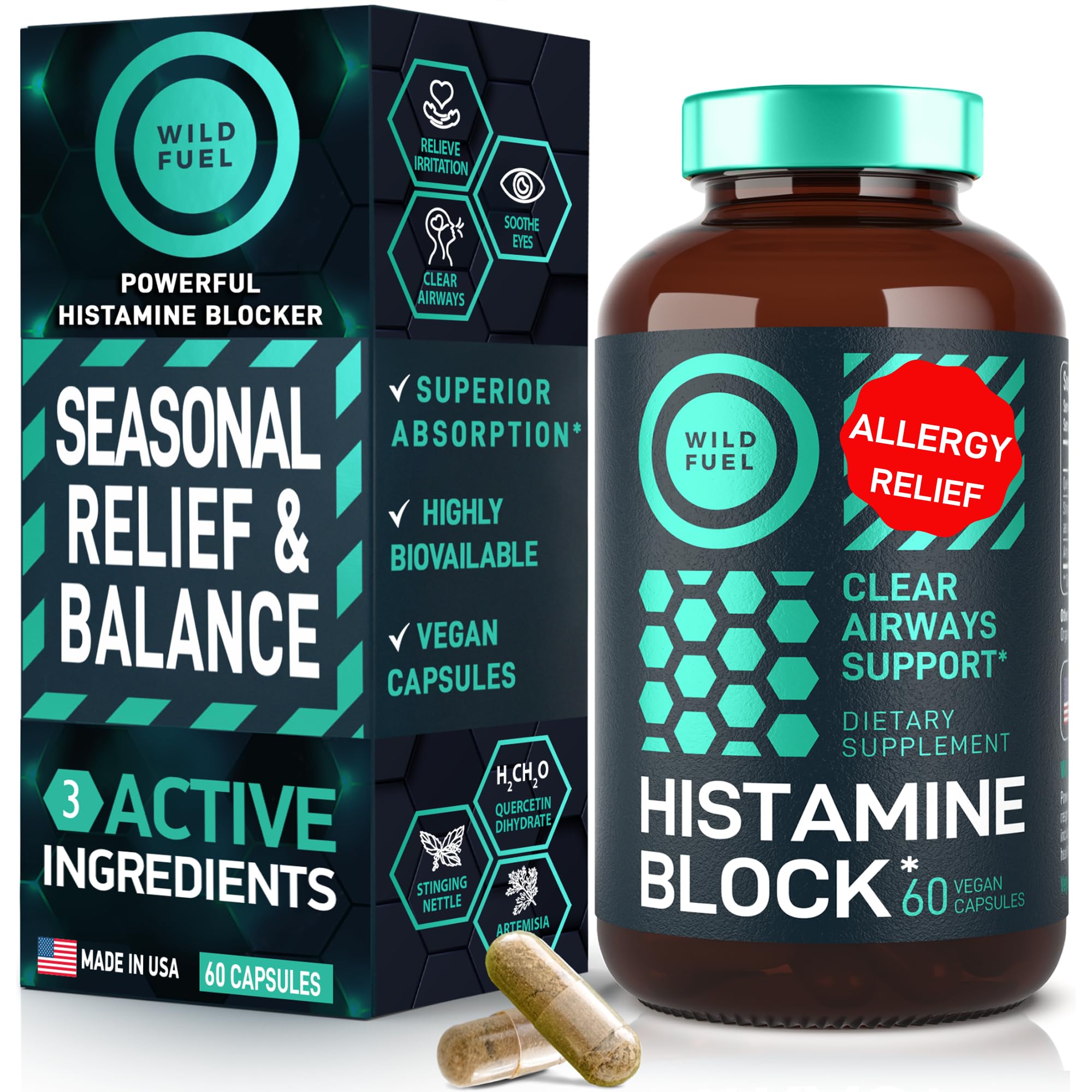 Wild Fuel histamine block capsules on a clean surface, promoting calmer allergy symptoms.