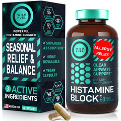 Wild Fuel histamine block capsules on a clean surface, promoting calmer allergy symptoms.