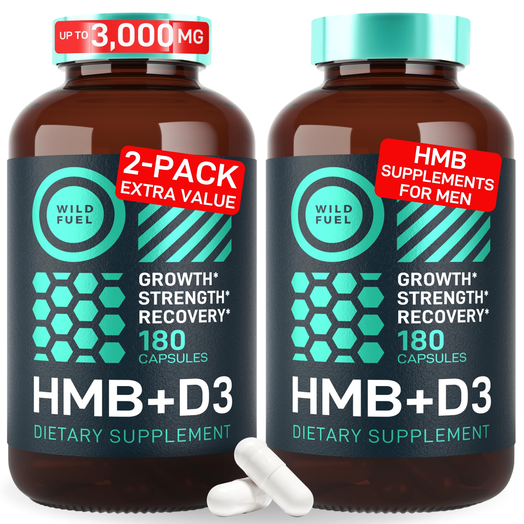 Wild Fuel HMB D3 capsules in bottle showing product packaging for muscle support and recovery.