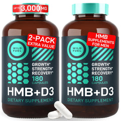 Wild Fuel HMB D3 capsules in bottle showing product packaging for muscle support and recovery.