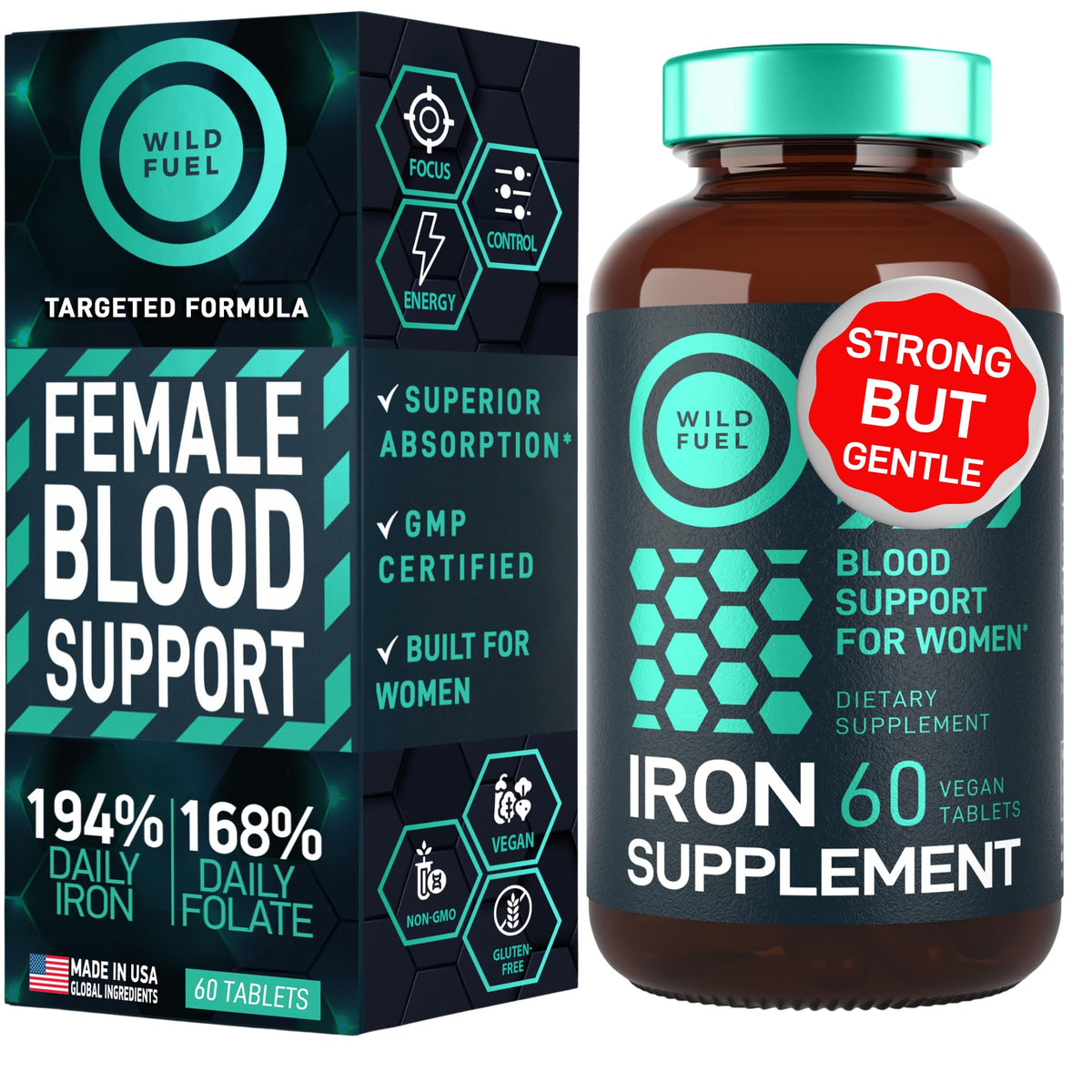 WILD FUEL iron for women bottle front, supports daily iron intake
