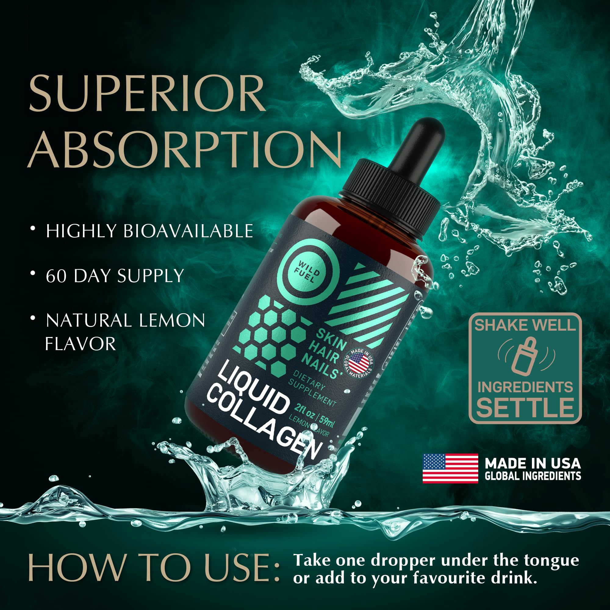 Wild Fuel Liquid Collagen Drops being squeezed for quick dosing.
