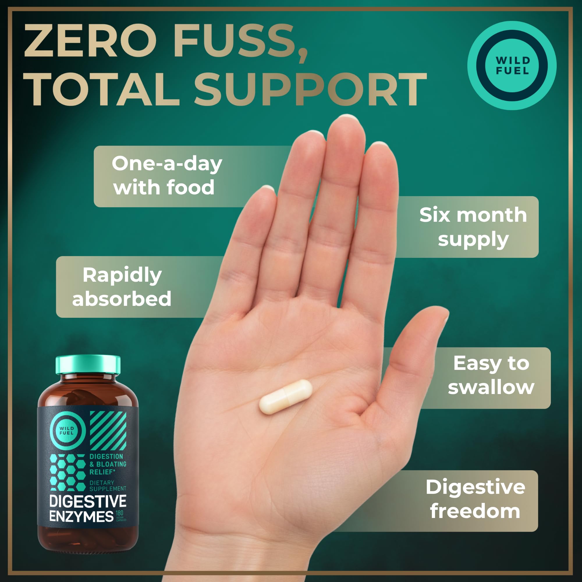 Probiotic strains listed for gut balance within capsules.