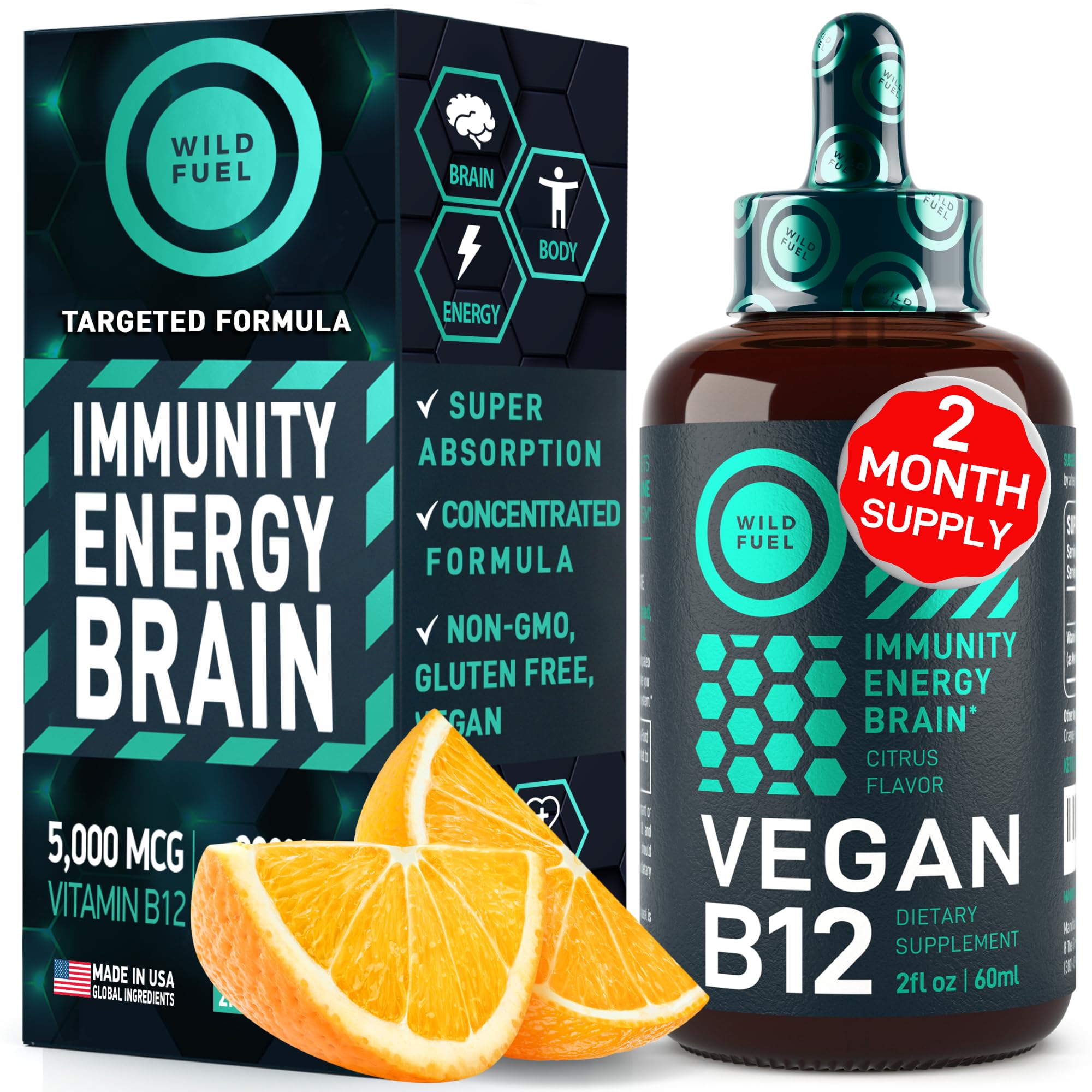 WILD FUEL vegan B12 liquid drops bottle-front for high-potency daily use