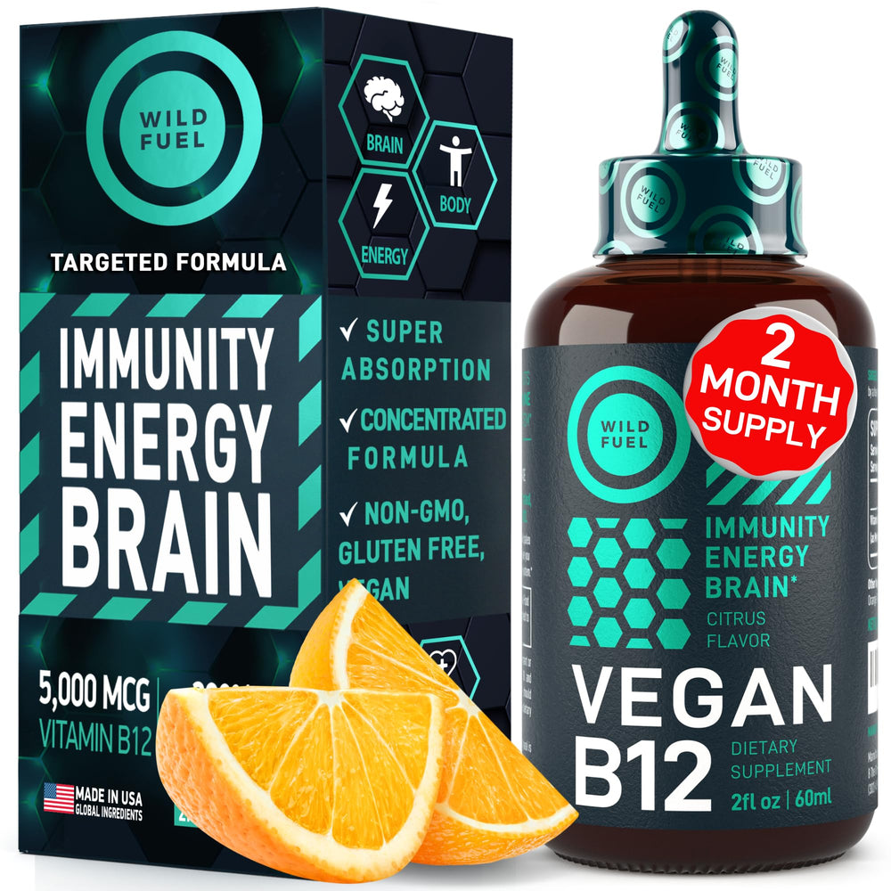 WILD FUEL vegan B12 liquid drops bottle-front for high-potency daily use