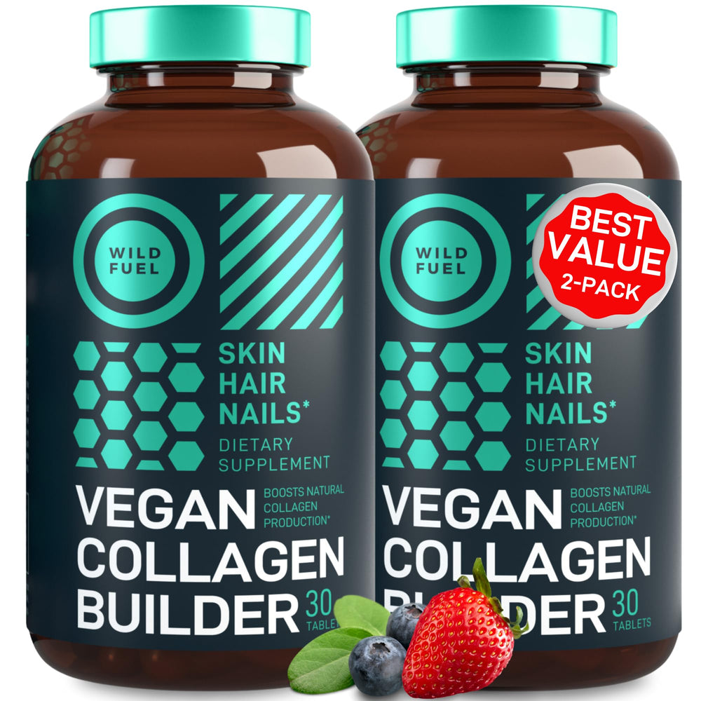 Wild Fuel Vegan Collagen Booster bottle on a clean surface, supporting skin, hair, and nails.
