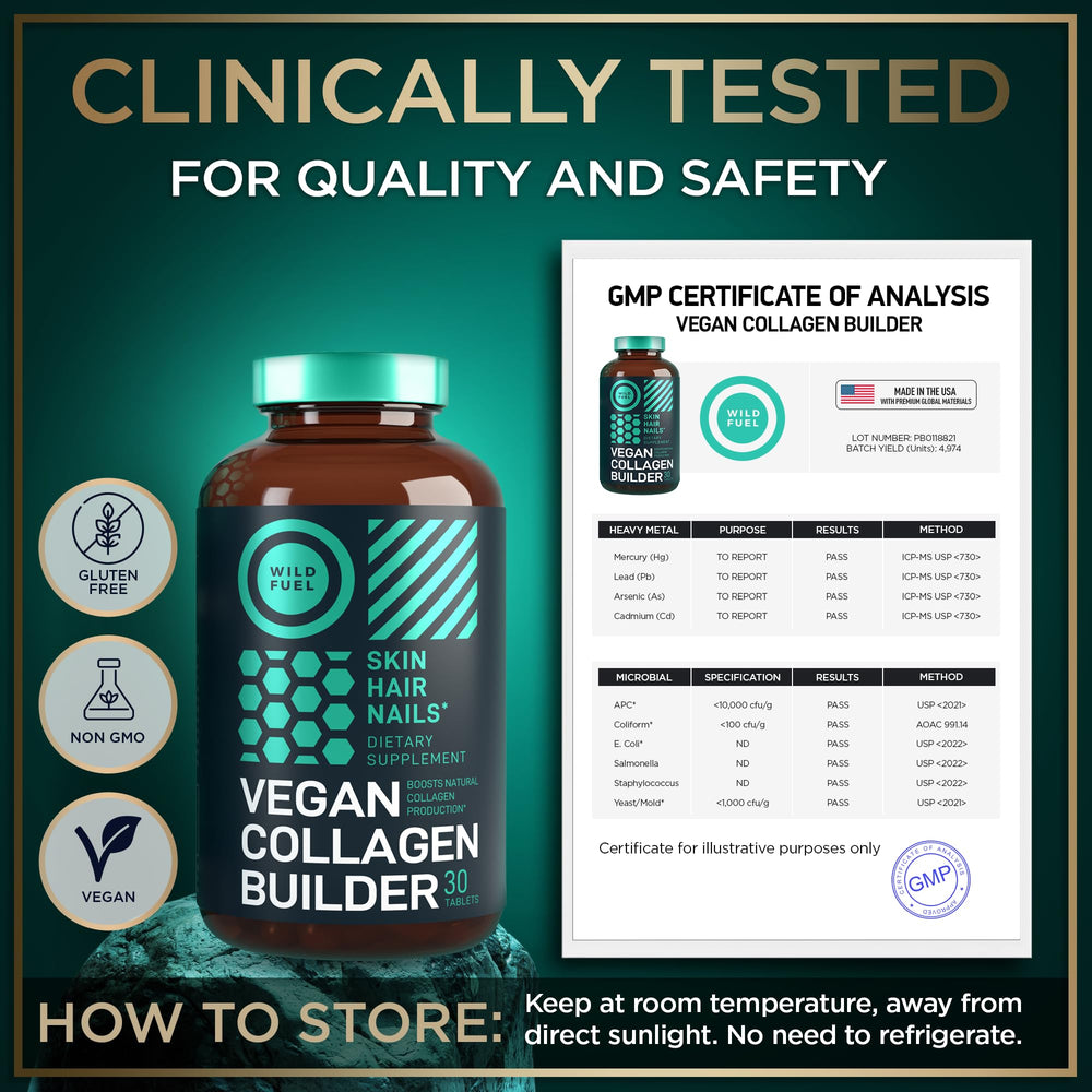 Wild Fuel Vegan Collagen Booster ingredients panel highlighting biotin and organic superfoods.