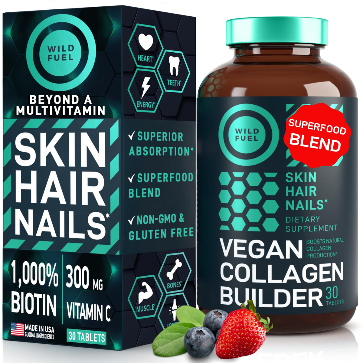 WILD FUEL Vegan Collagen Builder bottle shows packaging for daily plant-based wellness.