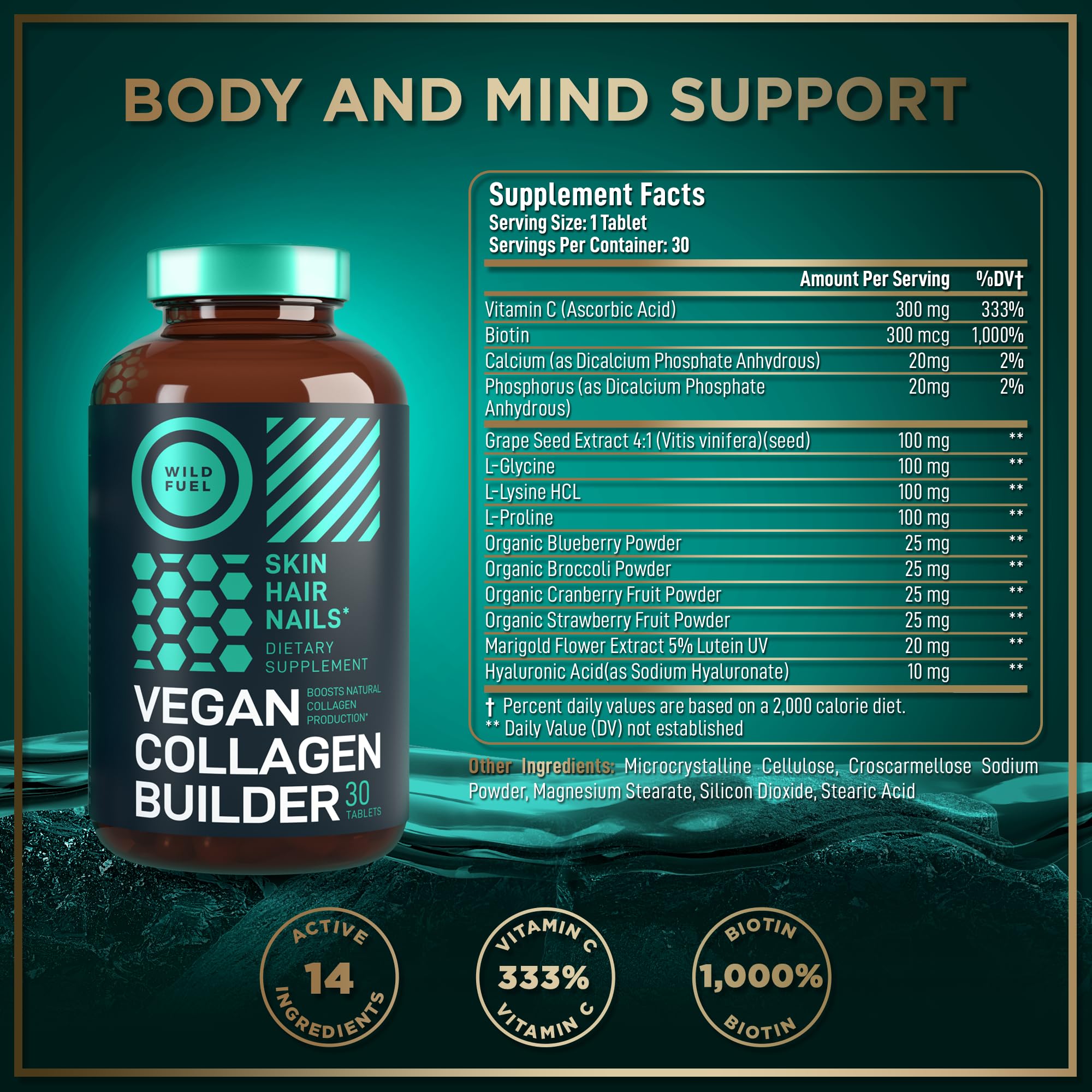 Ingredients blend of WILD FUEL Vegan Collagen Builder with biotin and amino acids.