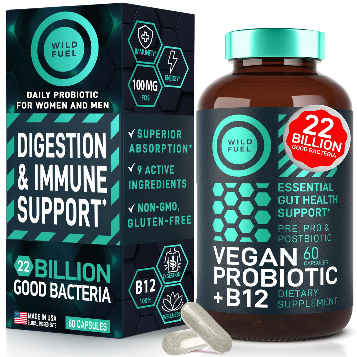 Wild Fuel Vegan Probiotic Plus bottle displays the 22B CFU gut support formula
