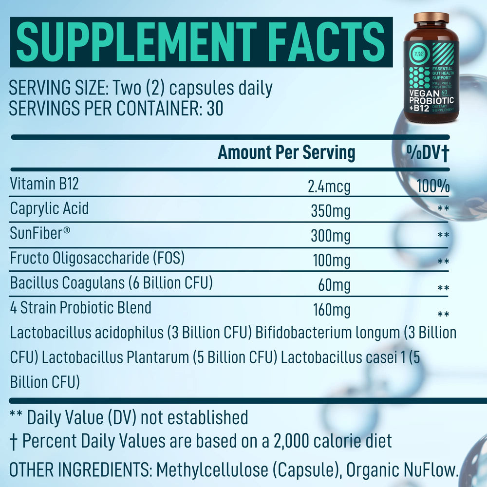 Wild Fuel Vegan Probiotic Plus capsules closeup highlighting convenient daily use
