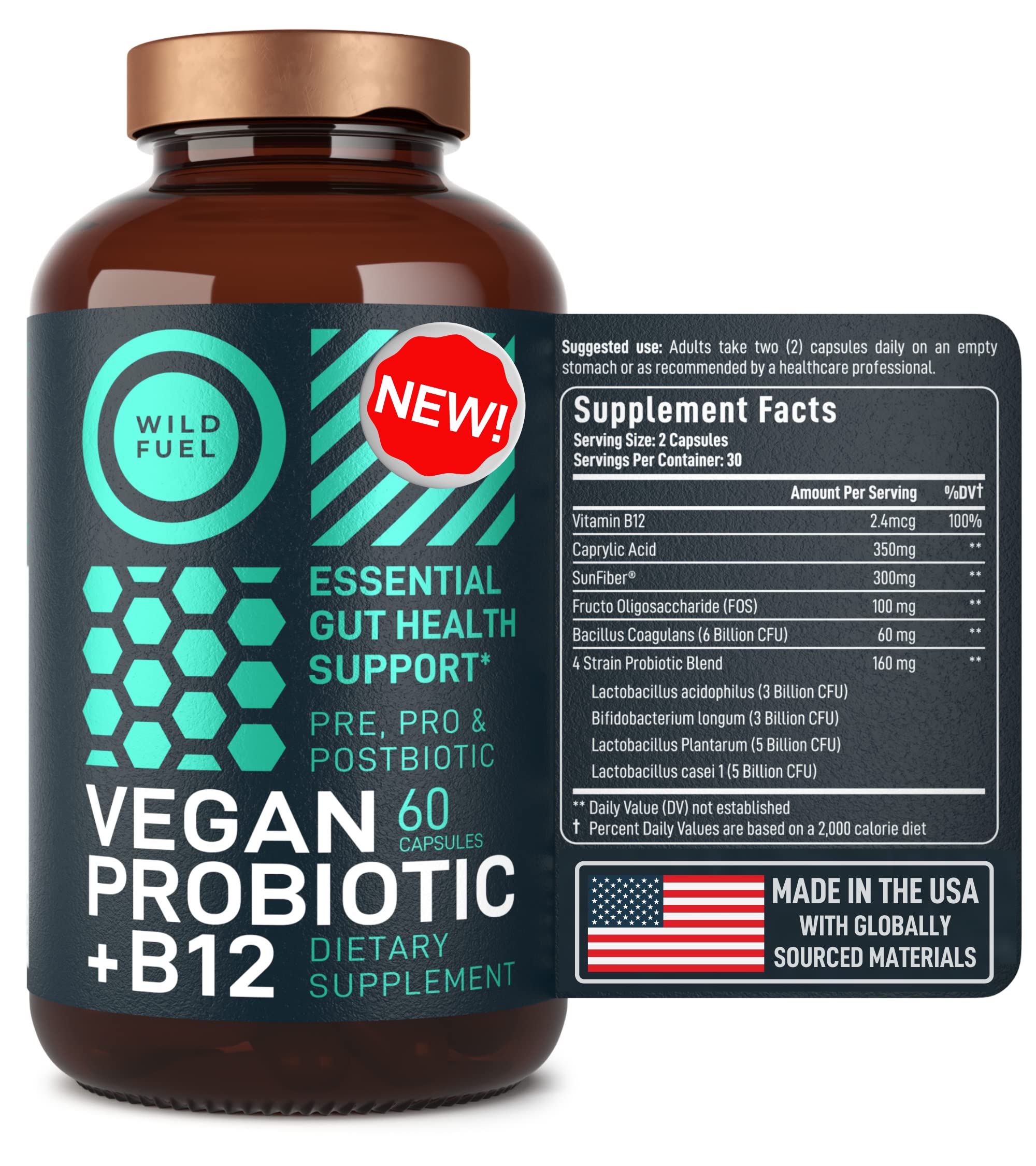 Wild Fuel Vegan Probiotic Plus digestive health chart suggests daily use ideas