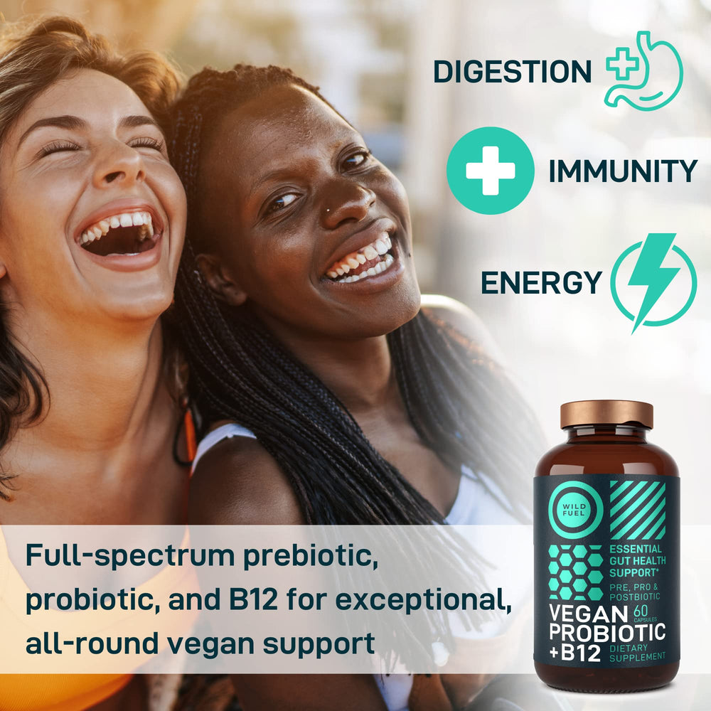 Wild Fuel Vegan Probiotic Plus FOS prebiotic graphic highlights gut flora support