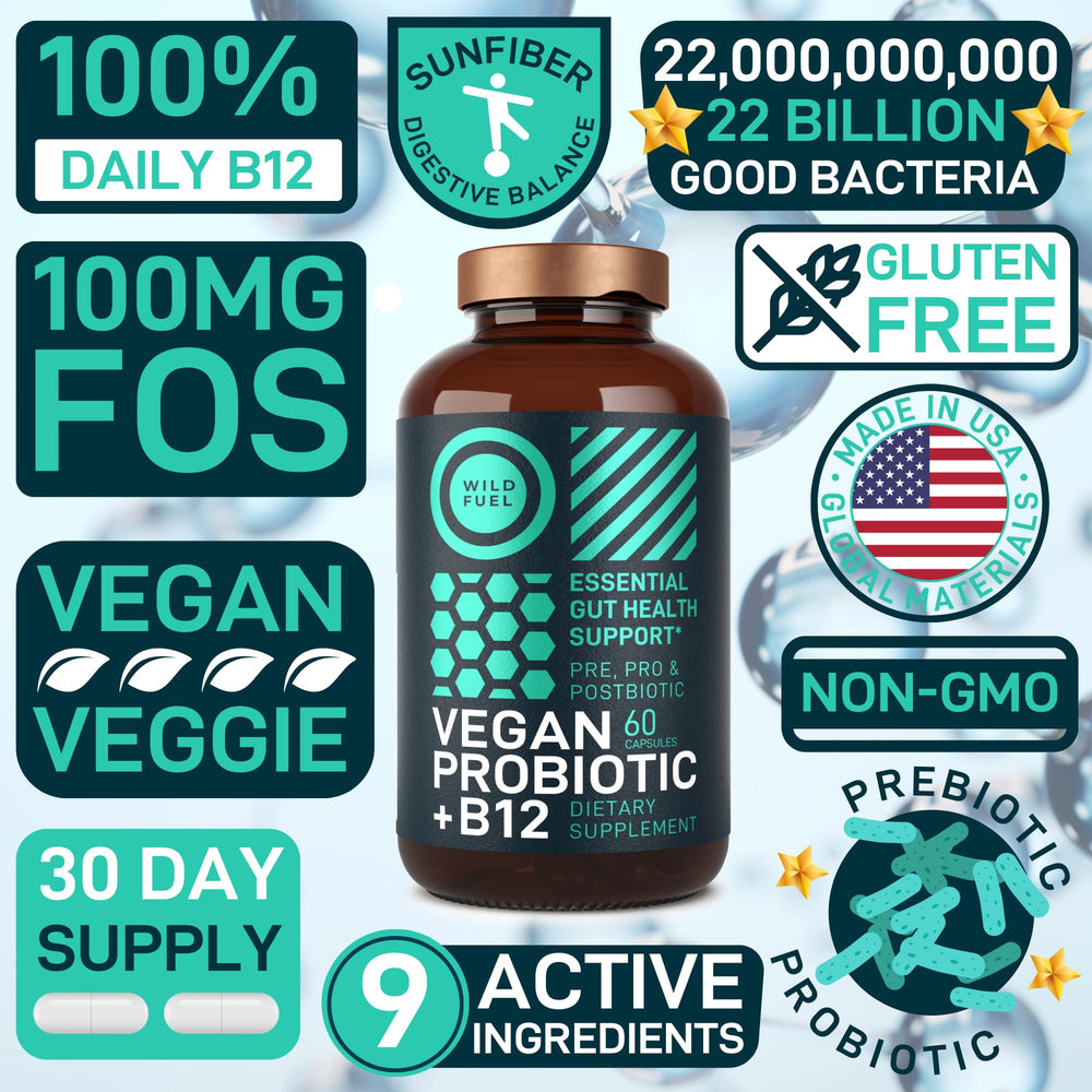 Wild Fuel Vegan Probiotic Plus label front communicates vegan and gluten-free credentials