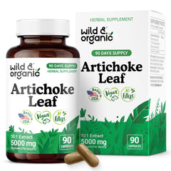Wild & Organic artichoke extract capsules bottle front, supports liver health.