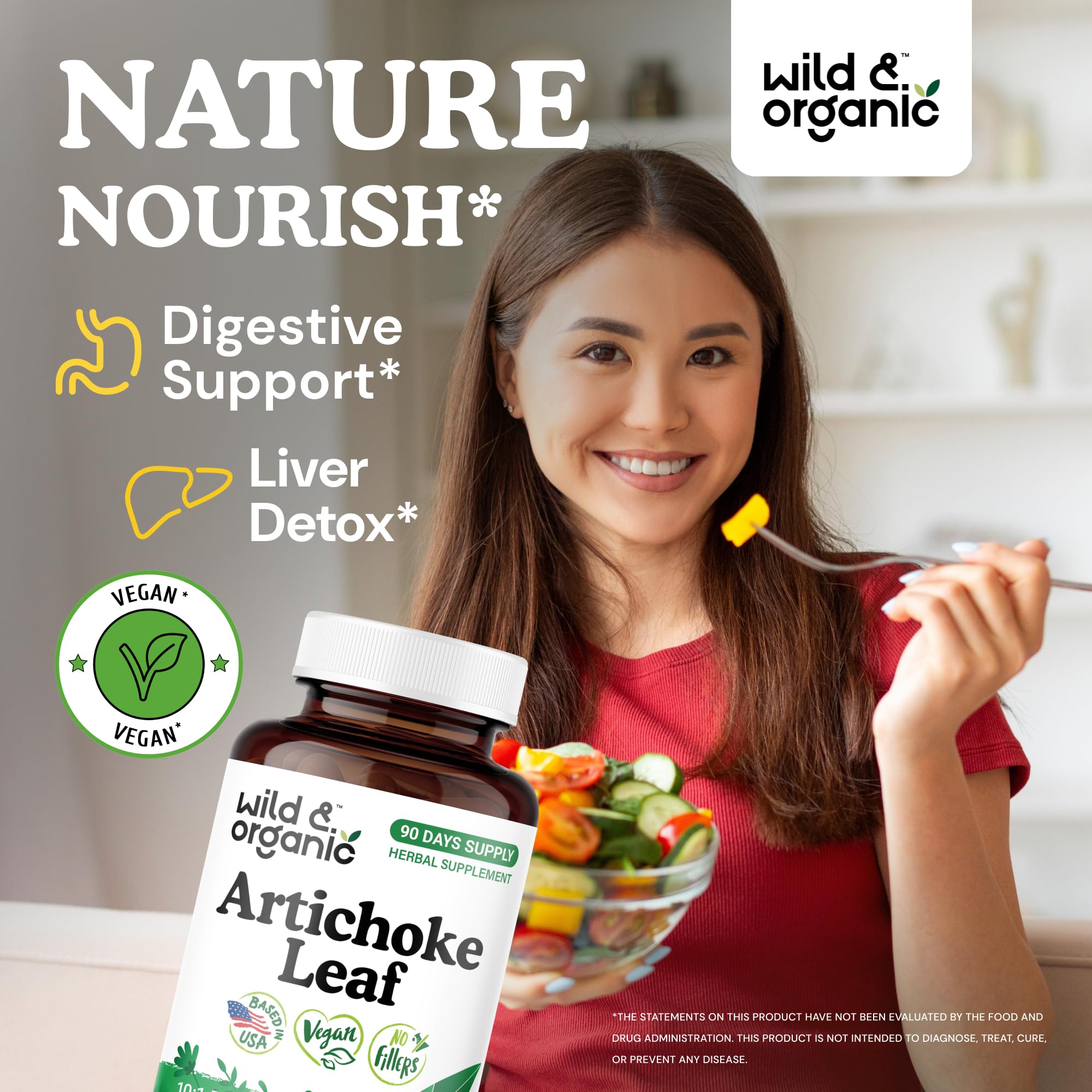 Wild & Organic artichoke extract capsules close-up, highlighting 500 mg per serving.