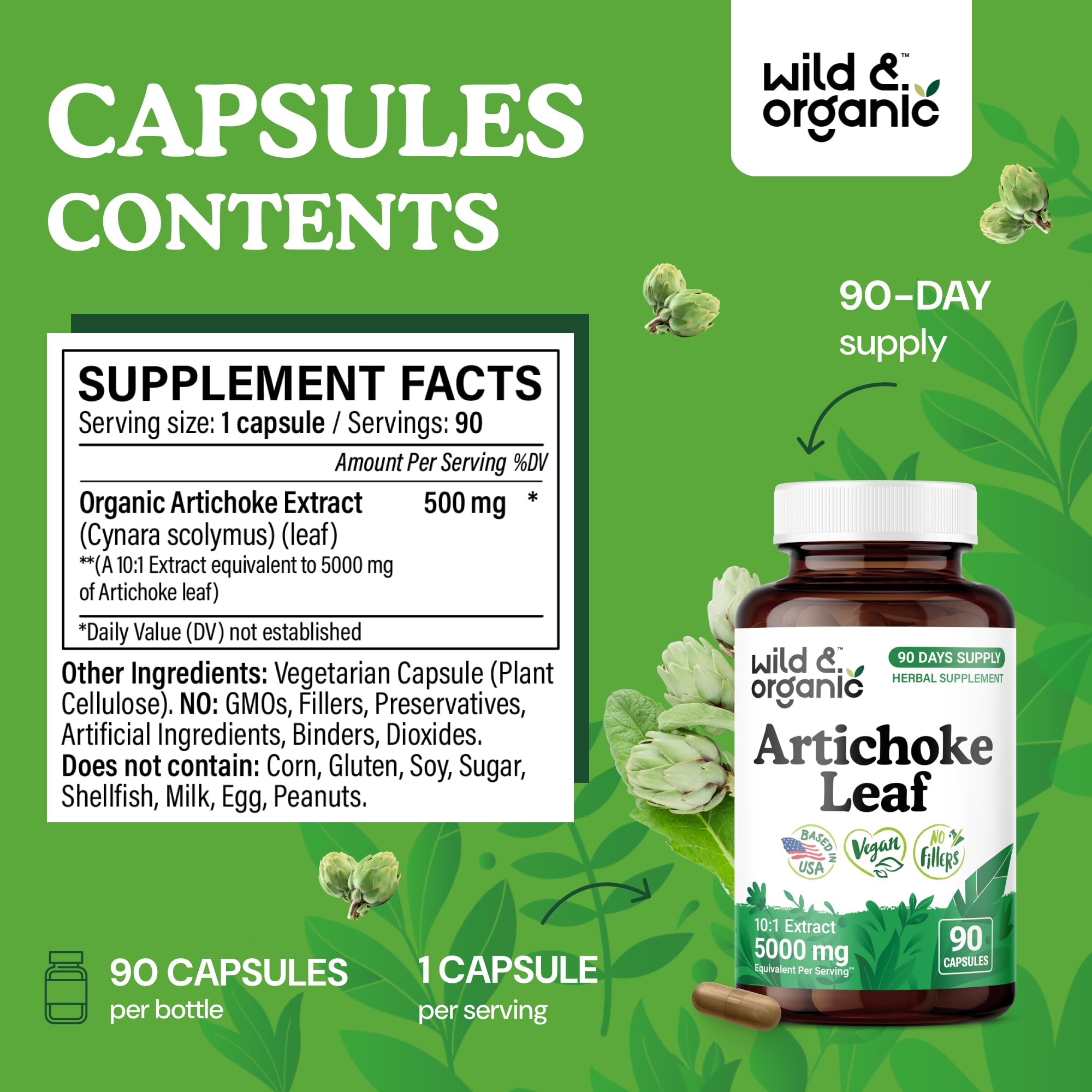 Wild & Organic artichoke leaf extract label close-up, vegan formula.