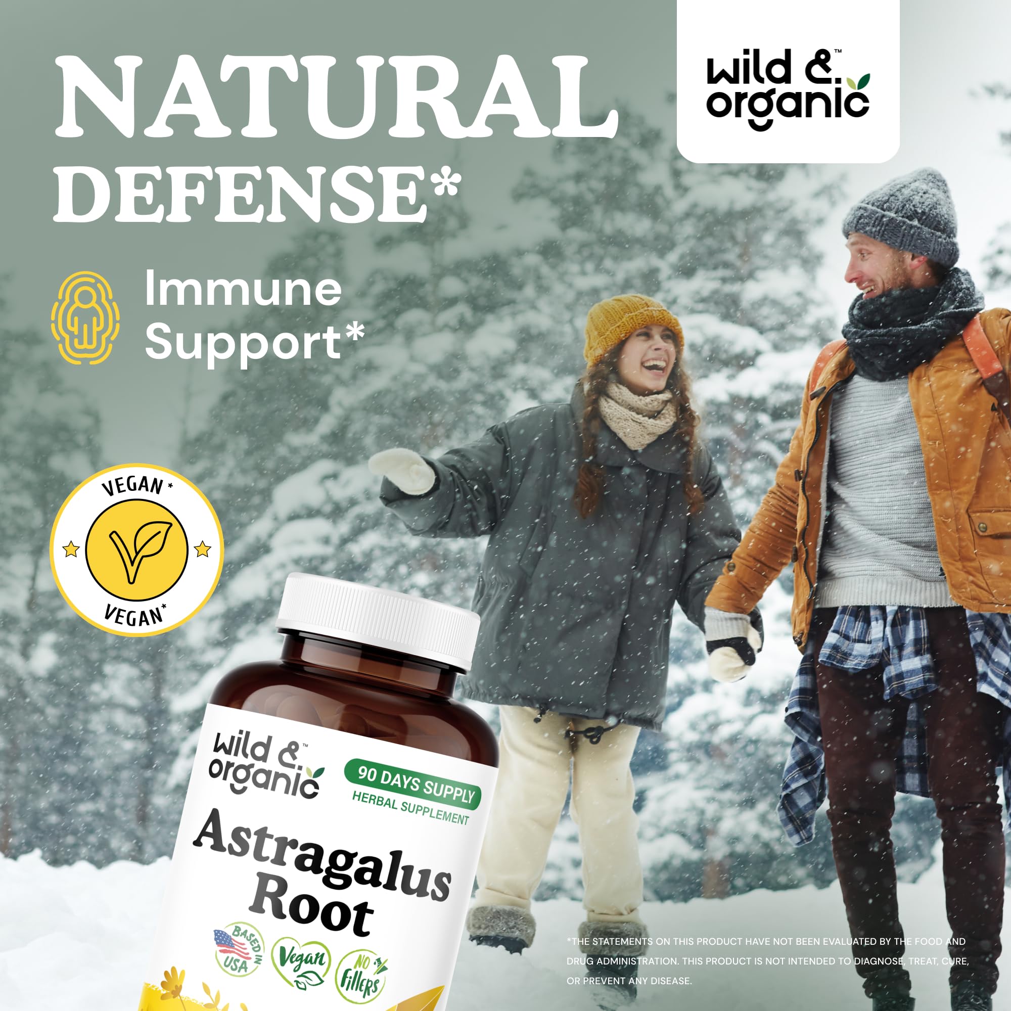 Wild & Organic astragalus bottle-front image showcasing plant-based immune support in a vegan formula.