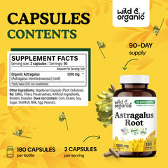Wild & Organic astragalus capsules pouring highlighting easy-to-take capsules for everyday wellness.