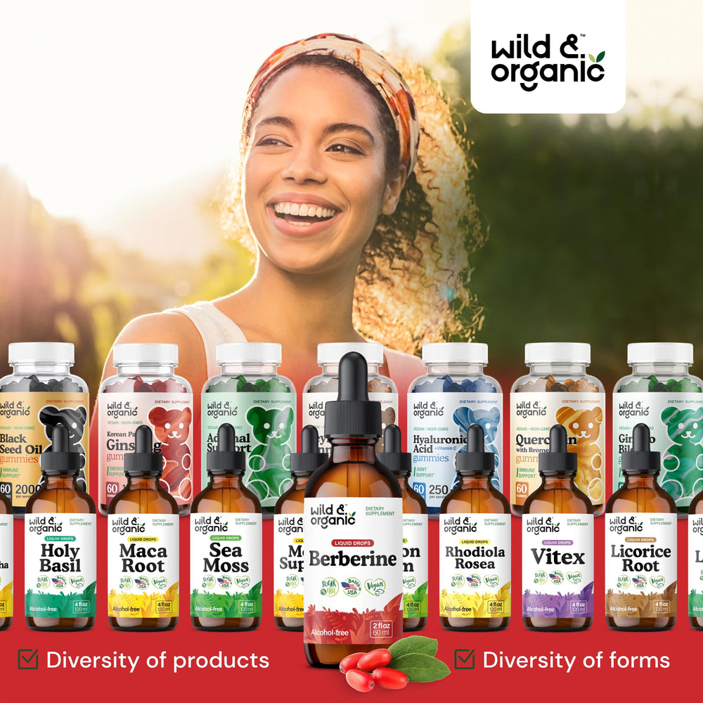 Wild & Organic Berberine Drops 28-day supply visual with 84 servings.