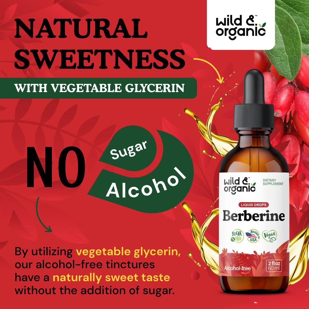 Wild & Organic Berberine Drops alcohol-free tincture ideal for sensitive stomachs.
