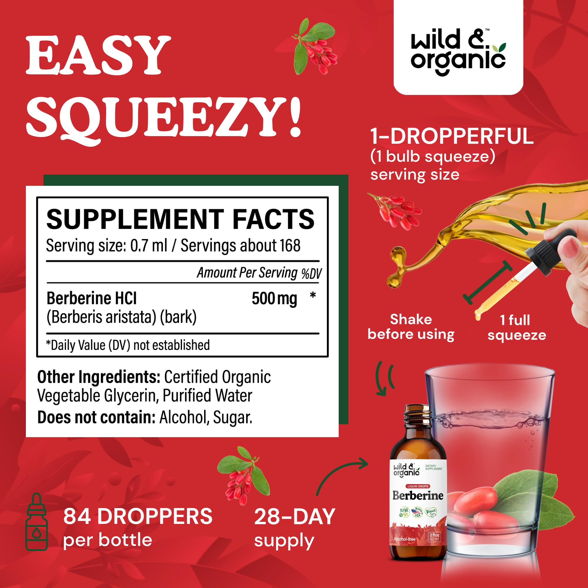 Wild & Organic Berberine Drops dropper close-up highlights precise drop dosing.