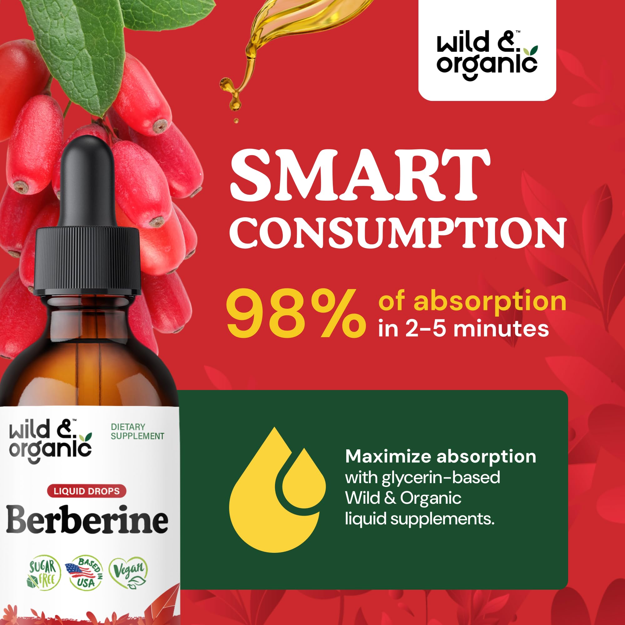 Wild & Organic Berberine Drops label close-up showcases vegan, alcohol-free formula.