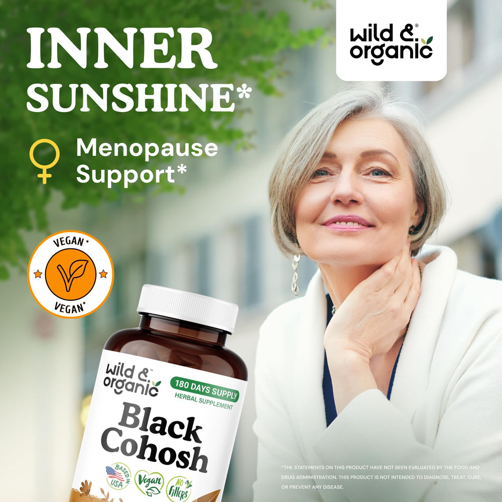 Wild & Organic Black Cohosh bottle back label with dosage and 180 day supply information