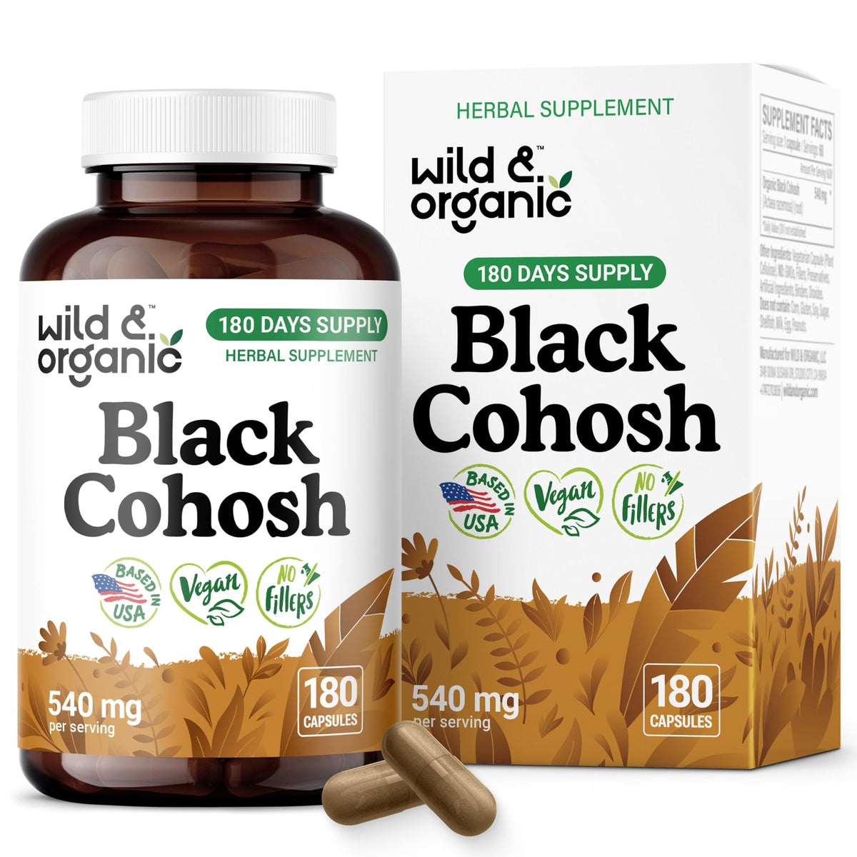 Wild & Organic Black Cohosh capsules bottle front showing vegan, non GMO menopause support option