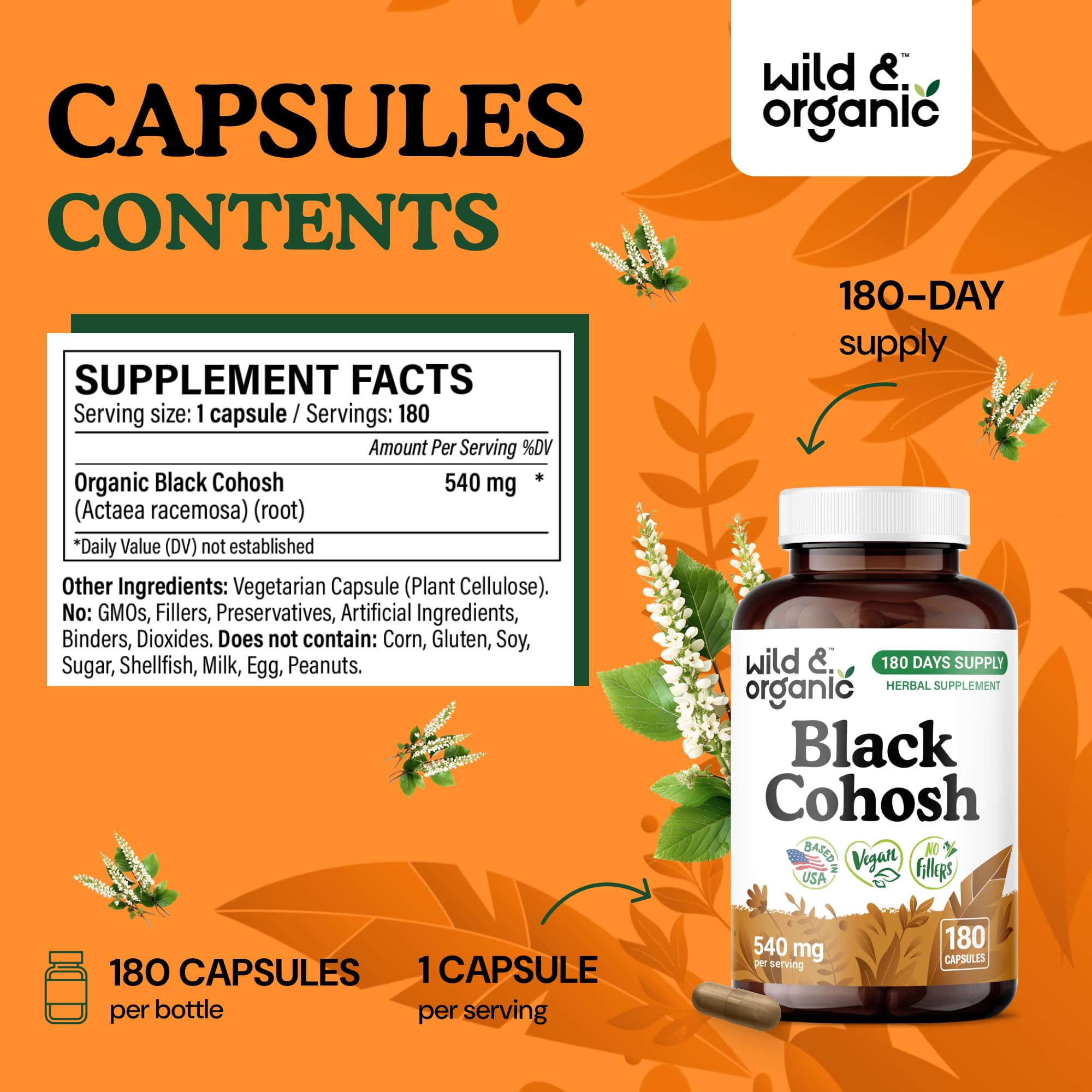 Closeup of Wild & Organic Black Cohosh capsules highlighting 540 mg per capsule