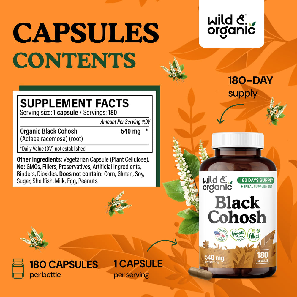 Closeup of Wild & Organic Black Cohosh capsules highlighting 540 mg per capsule