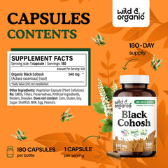 Closeup of Wild & Organic Black Cohosh capsules highlighting 540 mg per capsule