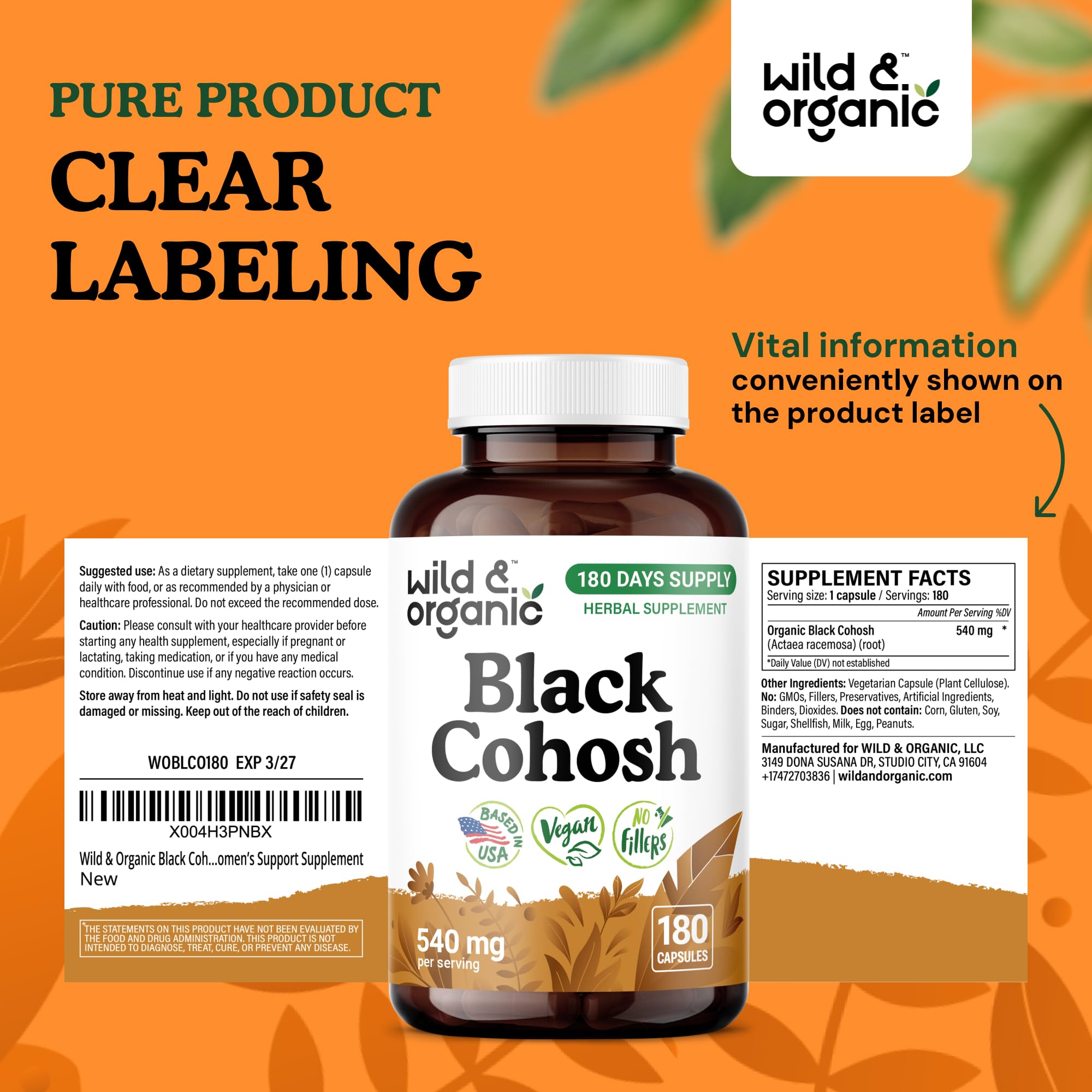Wild & Organic Black Cohosh capsules in hand illustrating easy daily use