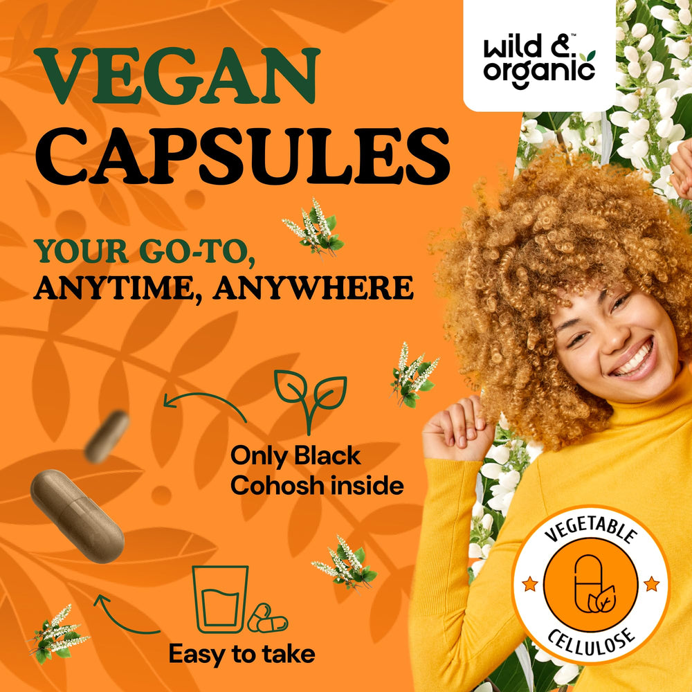 Ingredients panel of Wild & Organic Black Cohosh capsules emphasizing plant-based formula