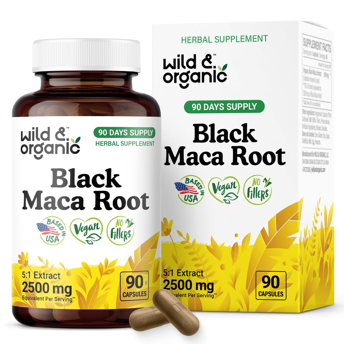 Wild & Organic Black Maca bottle front showcases vegan capsules for daily vitality
