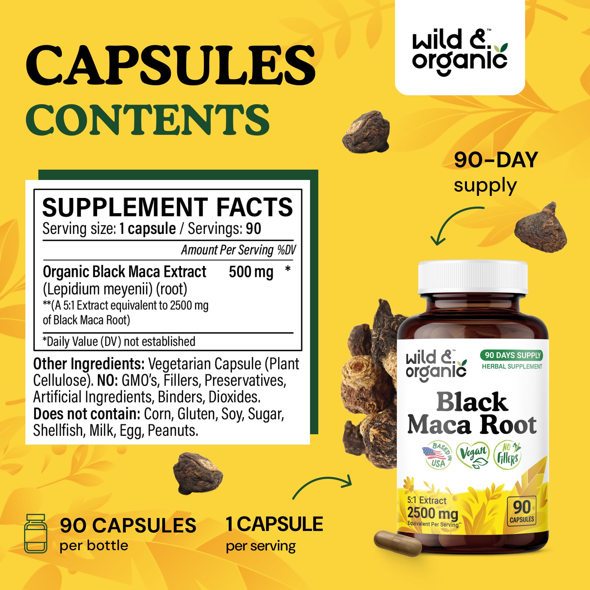 Wild & Organic Black Maca bottle label emphasizing vegan, non-GMO, gluten-free formulation