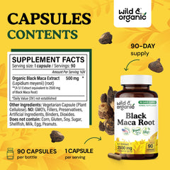 Wild & Organic Black Maca bottle label emphasizing vegan, non-GMO, gluten-free formulation