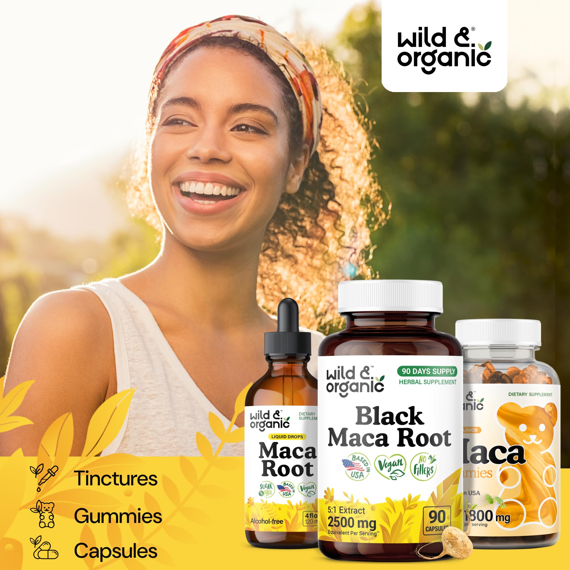 Wild & Organic Black Maca bottle pour demonstrates easy-to-take capsules