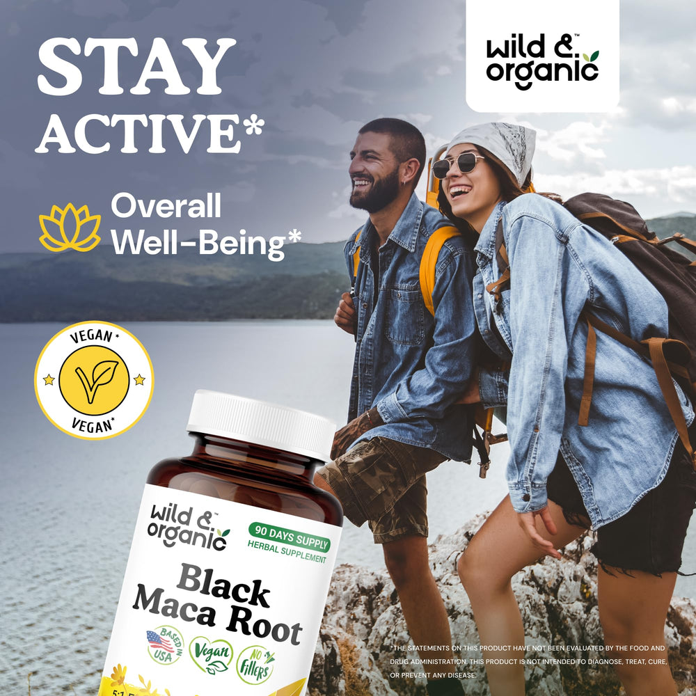 Wild & Organic Black Maca capsules close-up highlight 500 mg per serving for overall support