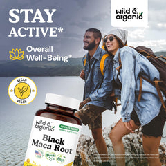 Wild & Organic Black Maca capsules close-up highlight 500 mg per serving for overall support