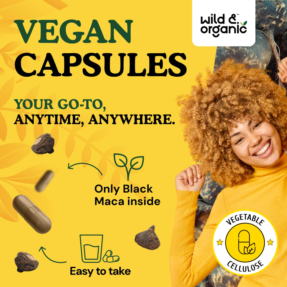 Wild & Organic Black Maca ingredients scene showcasing plant-based coating and natural ingredients