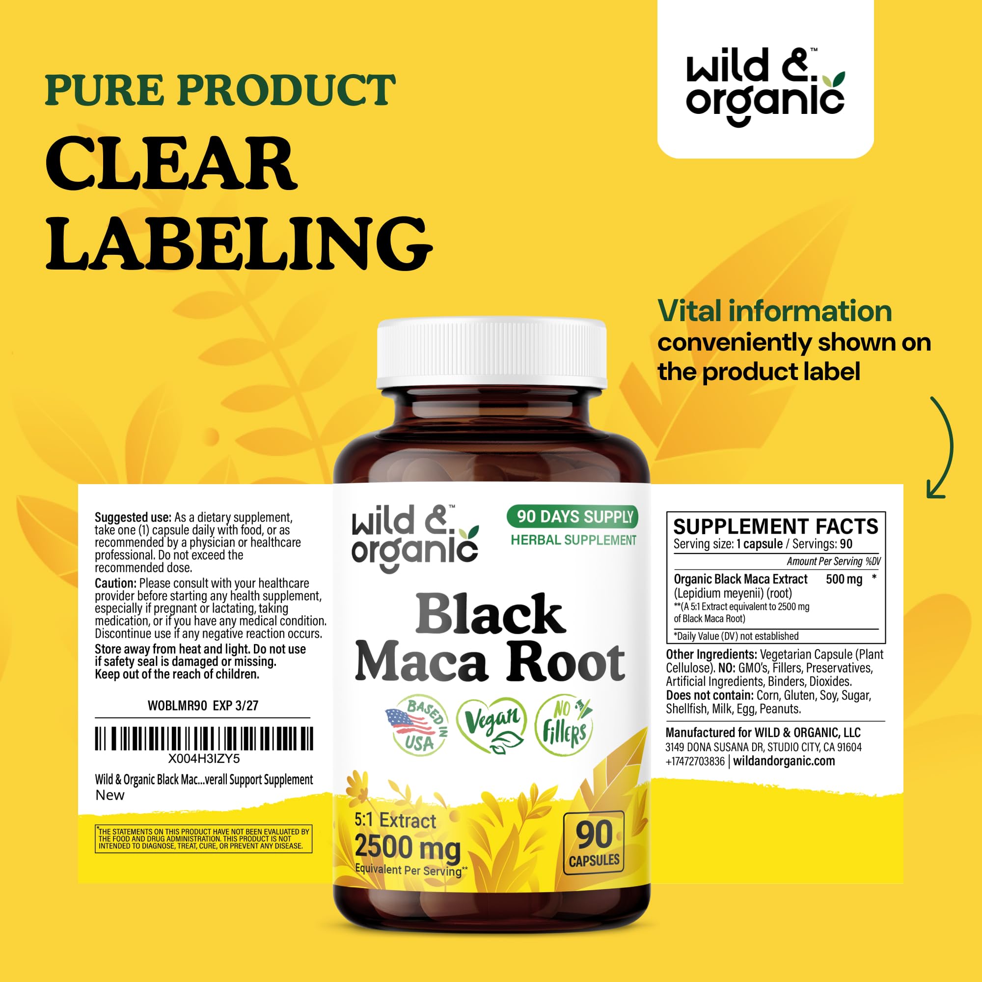 Wild & Organic Black Maca vegan capsules close-up highlights plant-based, allergy-friendly formula