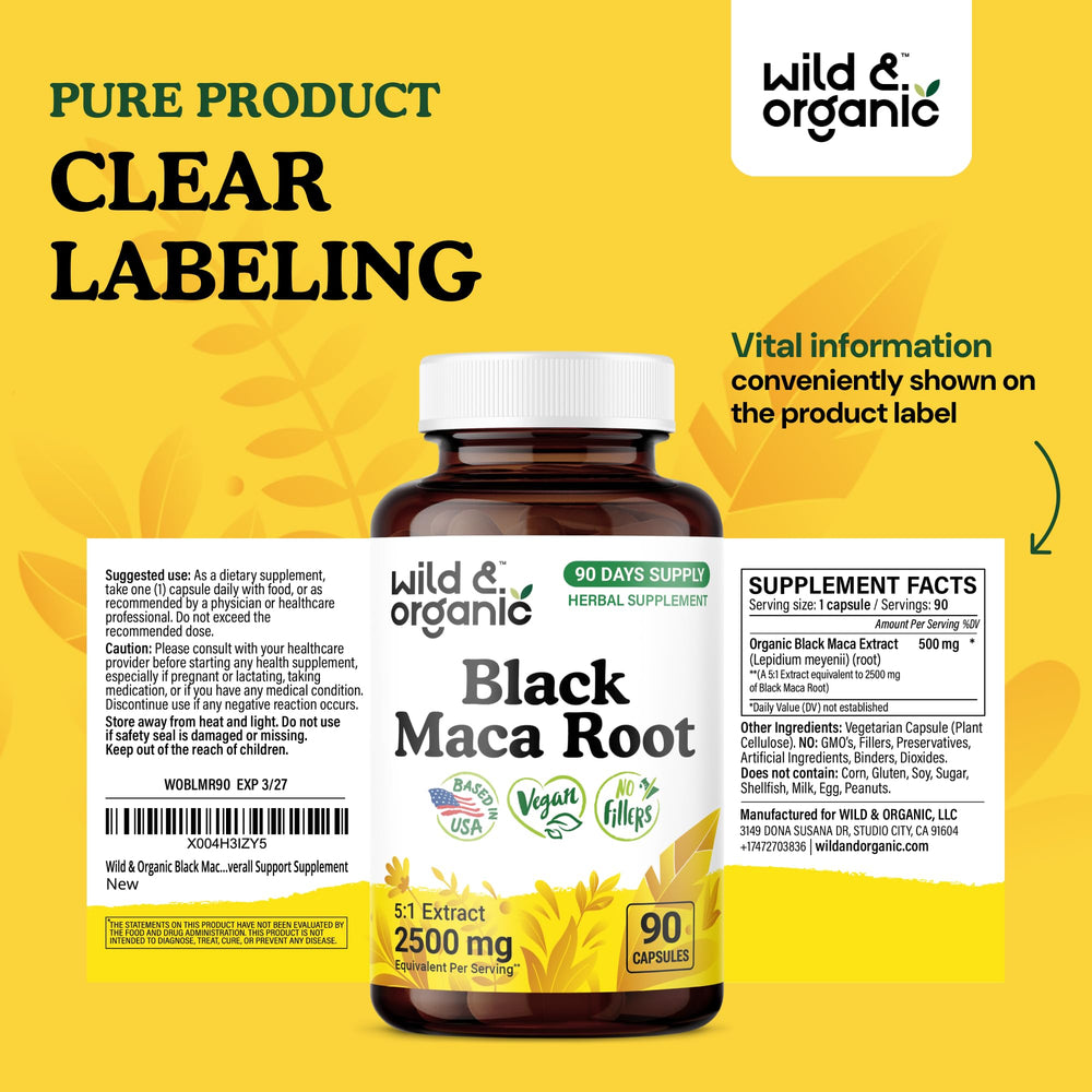 Wild & Organic Black Maca vegan capsules close-up highlights plant-based, allergy-friendly formula
