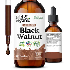 Wild & Organic Black Walnut Tincture bottle shown for vegan detox routine.