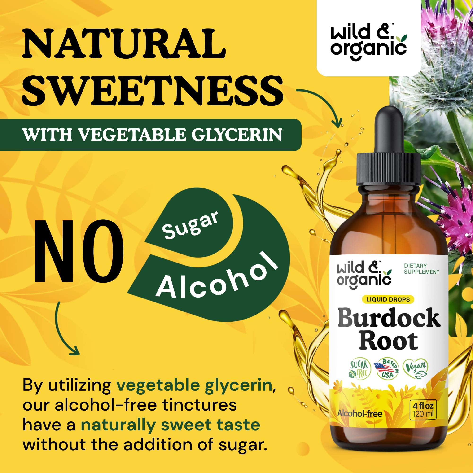 Amber bottle of Wild & Organic burdock tincture signaling an 84-day supply